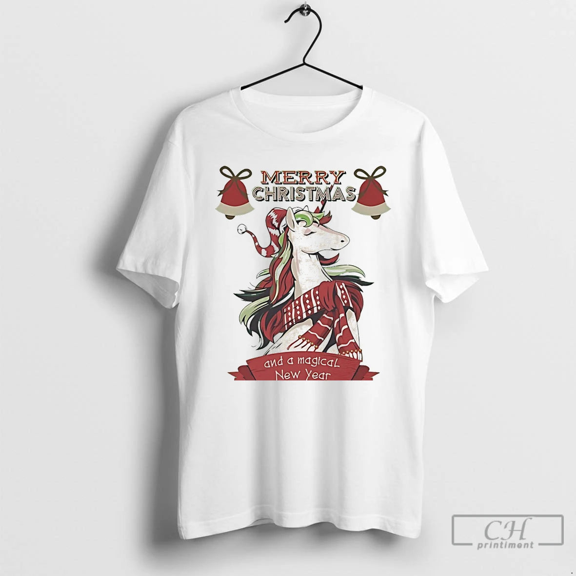 Classic Elegant Christmas Unicorn Scarf Merry Holiday White T Shirts