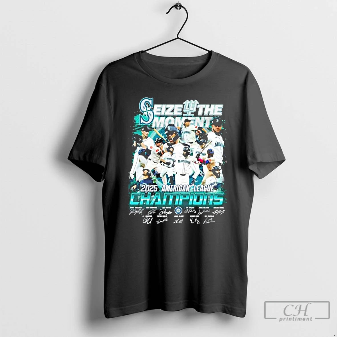 Classic Seattle Mariners Seize The Moment 2025 American League Champions Signatures T Shirts