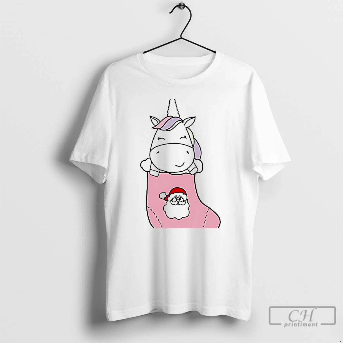 Classic Unicorn In Santa Christmas Stocking Cute Holiday White T Shirts
