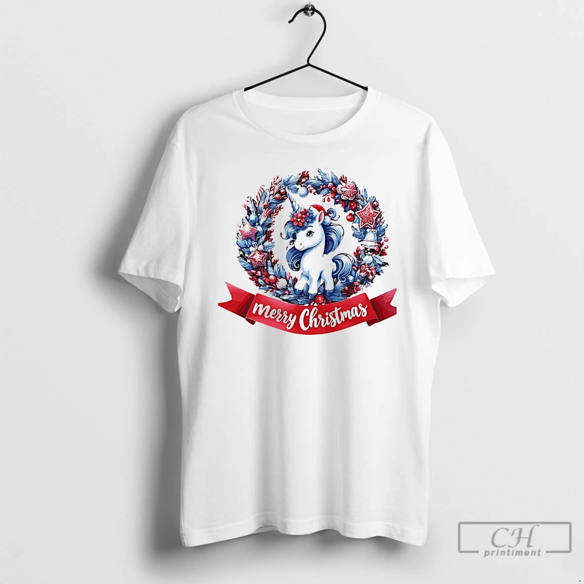 Classic Unicorn Magic Blue Wreath Merry Christmas White T Shirts
