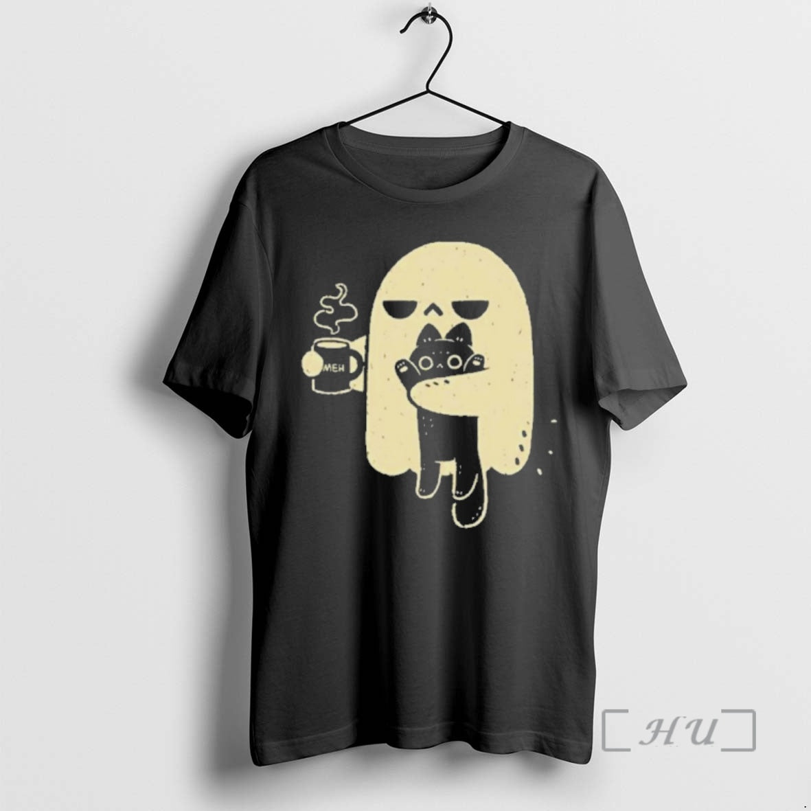Officials Cute Ghost Meh Coffee Holding Cat T-Shirts, Hoodie, Sweatshirt | AU18TeeNovaLab.com