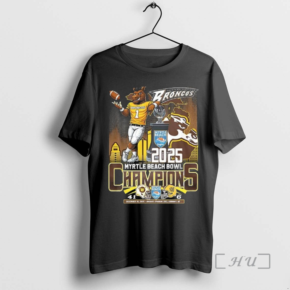 Officials Western Michigan Broncos 2025 Myrtle Beach Bowl Champions Mascot Celebration Final Score Premium T-Shirts,...