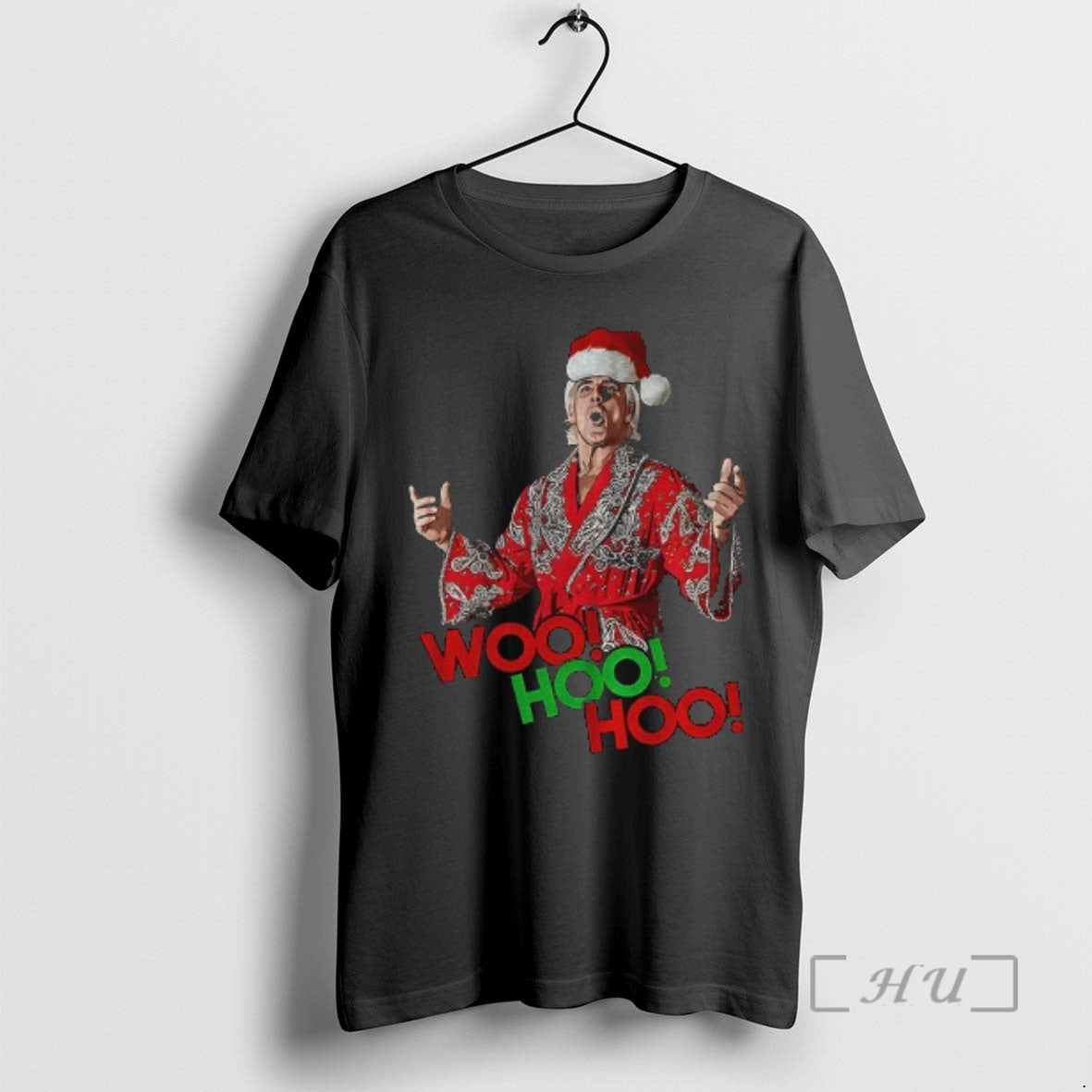 Officials Woo Hoo Hoo Black Christmas Tee With Wrestling Legend Rick Flair In Santa Hat Hoodie, Sweatshirt