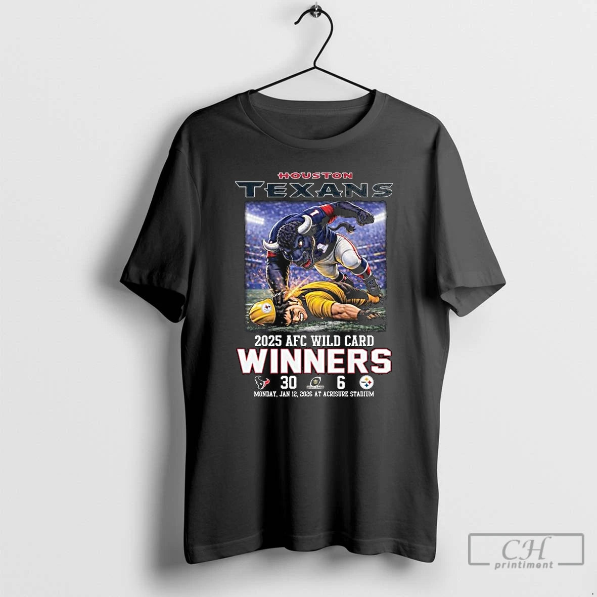 Premium Houston Texans 2025 Afc Wild Card Winners Score 30 6 Mascot T Shirts Sweater