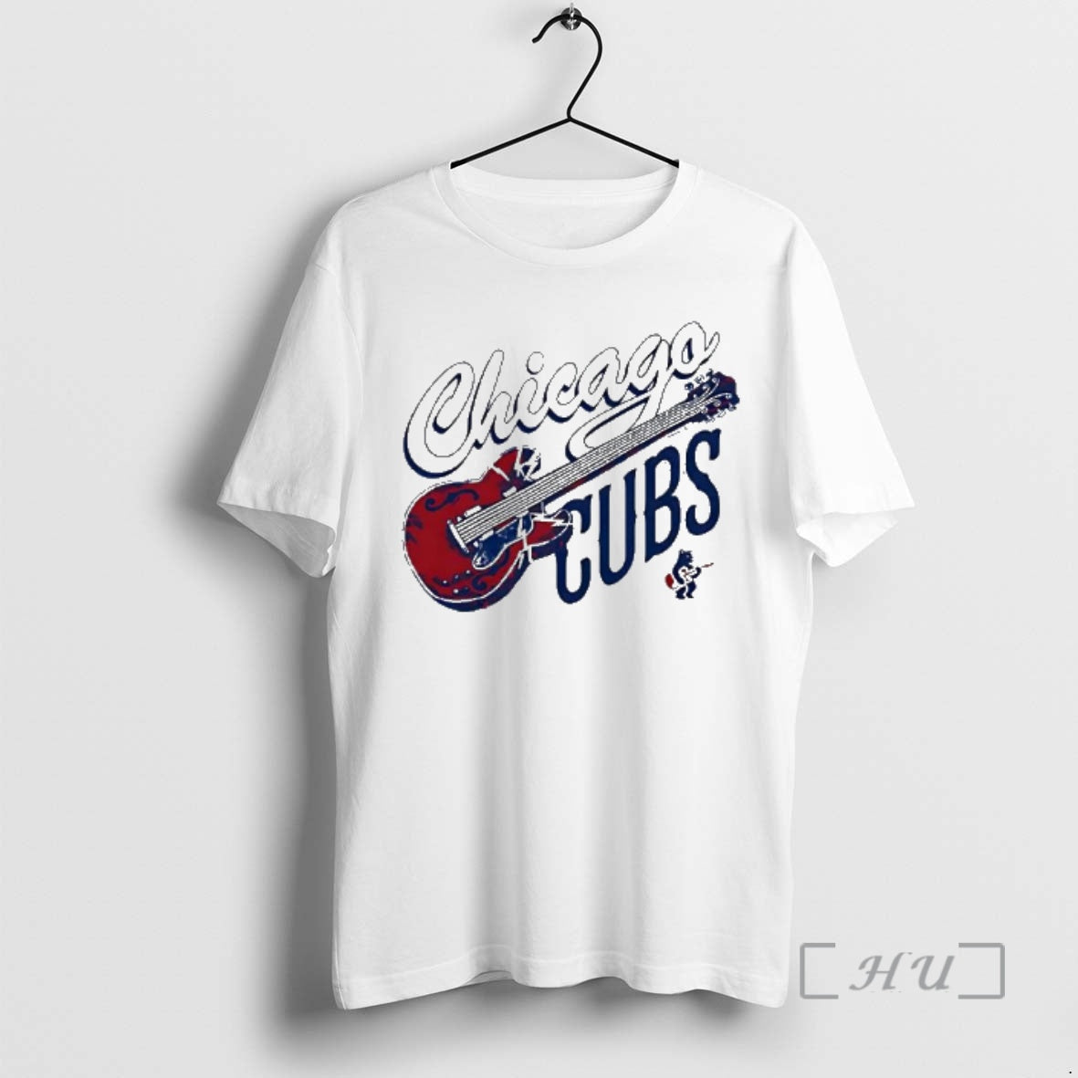 Trending Chicago Cubs Red Electric Guitar With Lightning Bolts And Small Bear Playing Music