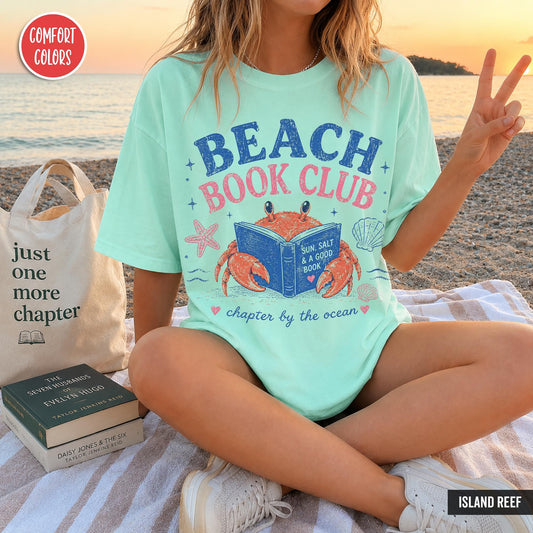 Beach Book Club Bookish Comfort Color Summer Crab Book Lover Book Girl Summer Tee Reading Bookish (1)