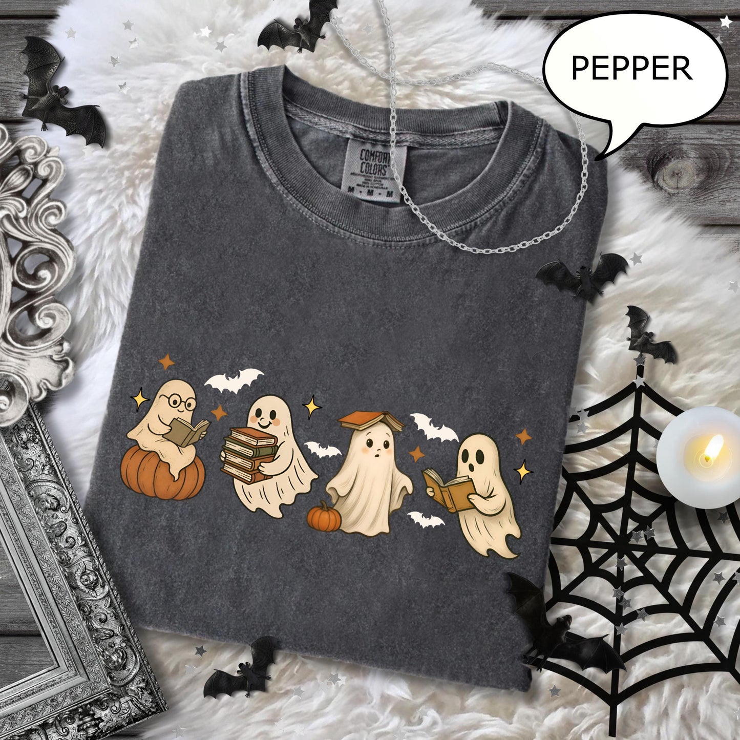 Comfort Colors Ghost Reading Book Halloween Ghos Book Lover Teacher Halloween Ghost Book (4)