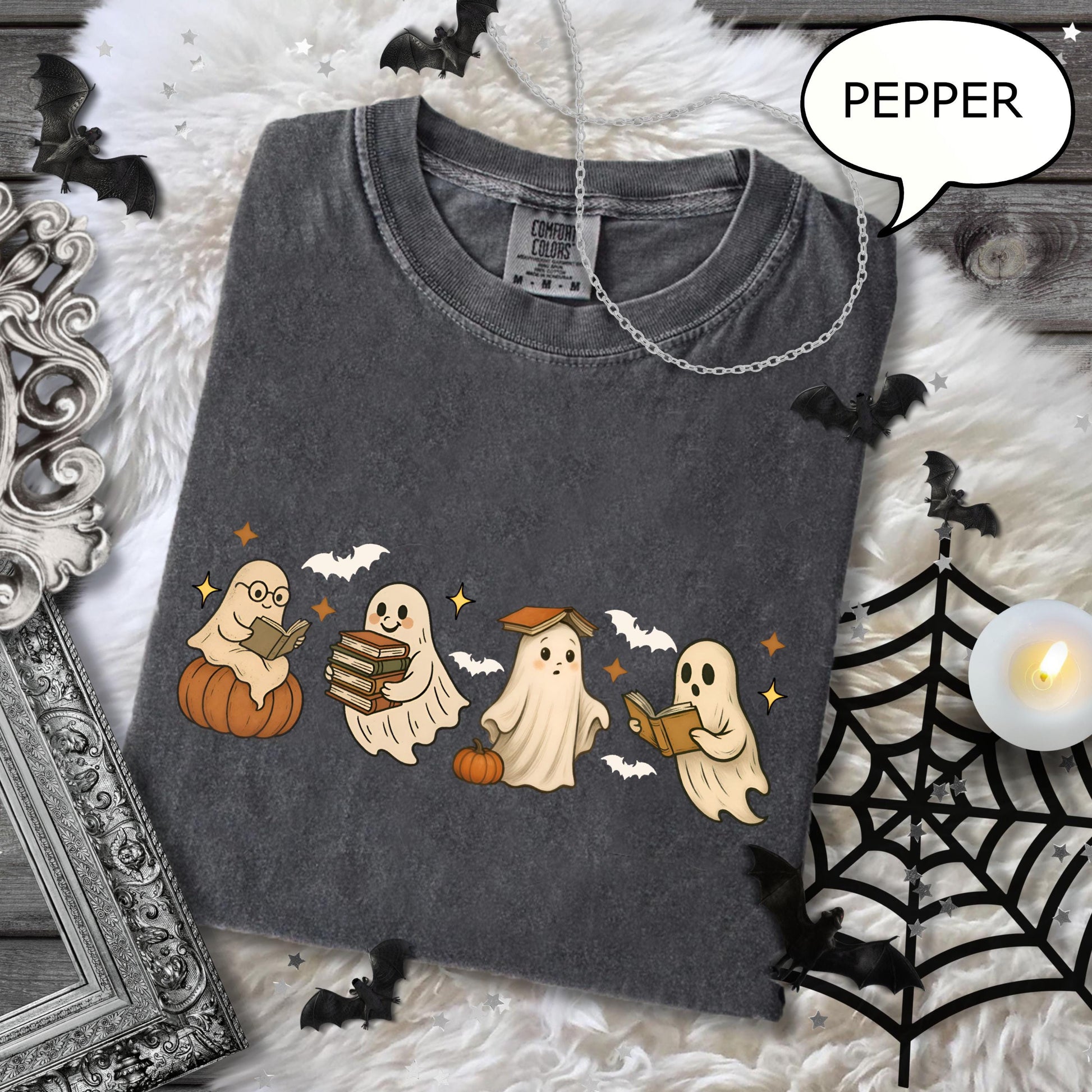 Comfort Colors Ghost Reading Book Halloween Ghos Book Lover Teacher Halloween Ghost Book (4)