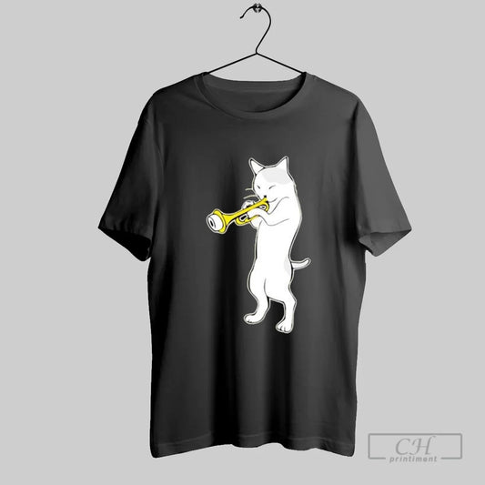 Cat Standing Playing A Golden Trumpet