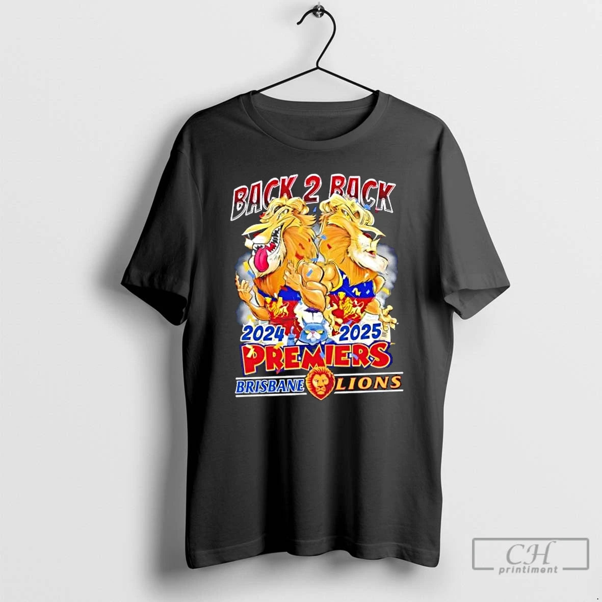 Classic 2024 2025 Back 2 Back Premiers Brisbane Lions Mascots 2 Sided T Shirts