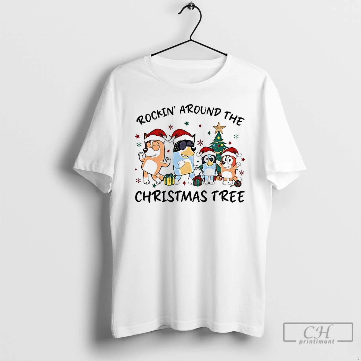 Classic Bluey Family Santa Hat Rockin Around The Christmas Tree Merry Christmas 2025 T Shirts Hoodie, Sweatshirt