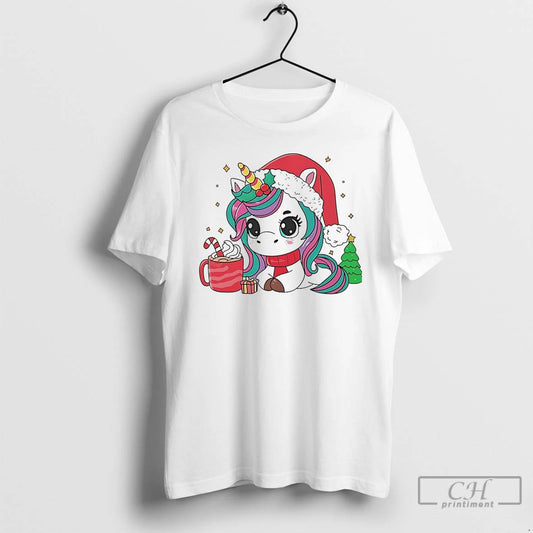 Classic Cute Santa Unicorn Cocoa Christmas White T Shirts