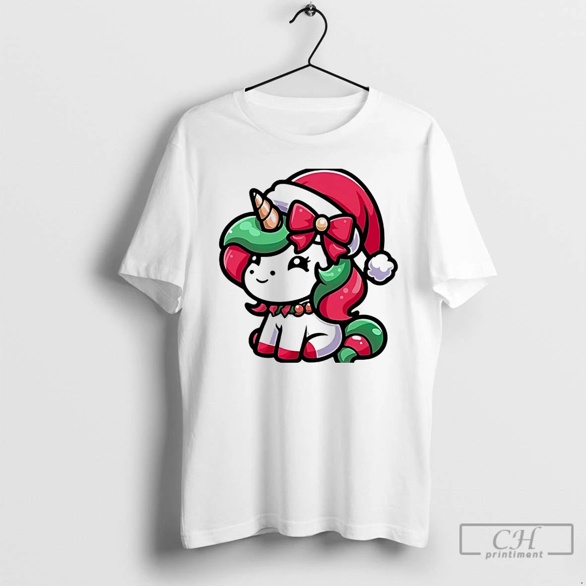 Classic Cute Santa Unicorn Red Bow Christmas White T Shirts