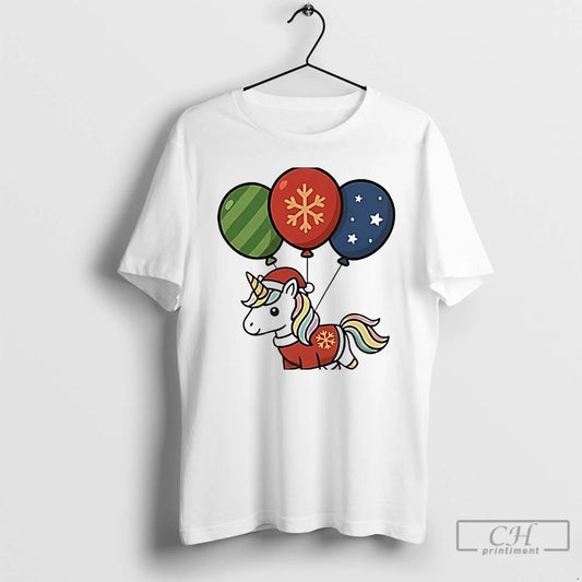 Classic Flying Balloon Unicorn Christmas White T Shirts