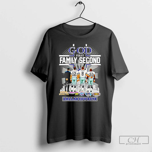 Classic God First Family Second Then Dallas Cowboys Super Bowls City Skyline Signatures T Shirts Hoodie, Sweatshirt
