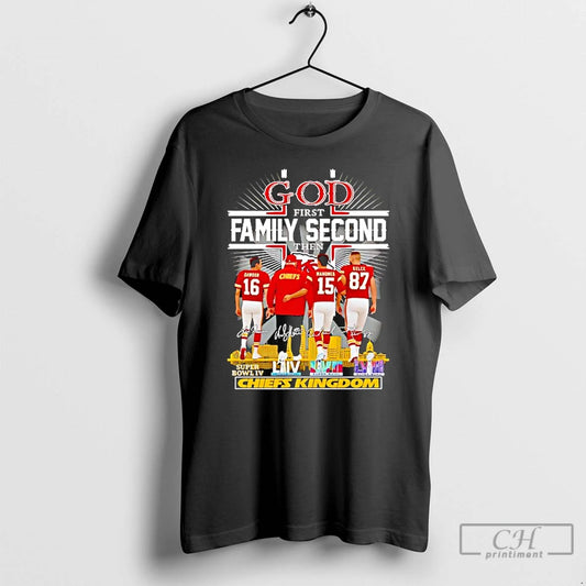 Classic God First Family Second Then Kansas City Chiefs Super Bowls City Skyline Signatures T-Shirts, Hoodie, Sweatshirt
