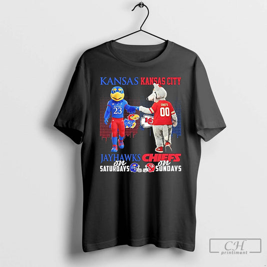 Classic Kansas Jayhawks On Saturday And Kansas City Chiefs On Sundays Skyline Mascot T Shirts