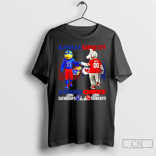 Classic Kansas Jayhawks On Saturdays Vs Kansas City Chiefs On Sundays Mascot Skyline T Shirts
