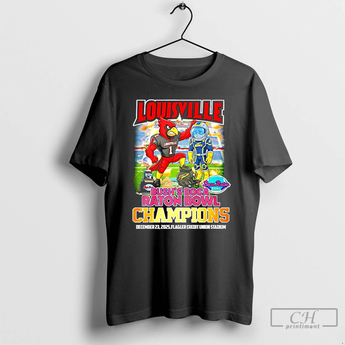 Classic Louisville Cardinals 2025 Bushs Boca Raton Bowl Of Beans Champions Mascot T Shirts Sweater Hoodie, Sweatshirt