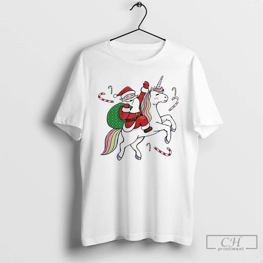 Classic Santa Riding Unicorn Candy Joy Christmas White T Shirts