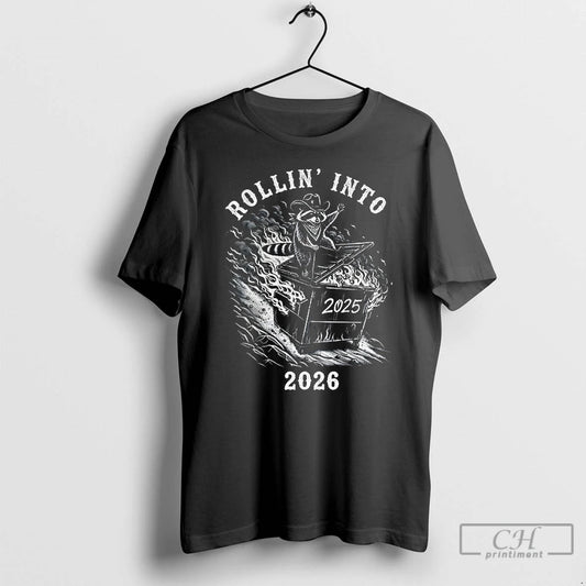 Classic Sarcastic Cowboy Rollin Into 2026 Raccoon Dumpster Fire Snarky New Year T Shirts Sweater Hoodie, Sweatshirt