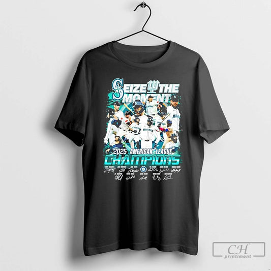 Classic Seattle Mariners Seize The Moment 2025 American League Champions Signatures T Shirts