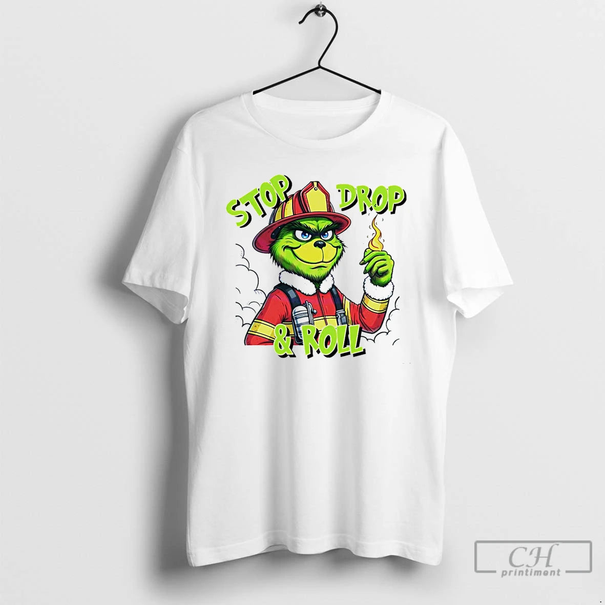 Classic Stop Drop And Roll Grinch Christmas Fireman White T Shirts