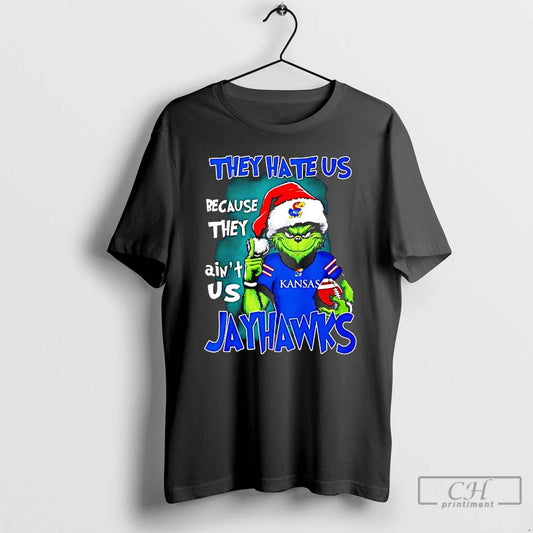 Classic They Hate Us Because They Aint Us Kansas Jayhawks Grinch Wearing Santa Hat T-Shirts, Hoodie, Sweatshirt