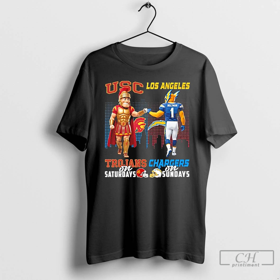 Classic Usc Trojans On Saturdays Vs Los Angeles Chargers On Sundays Mascot Skyline T Shirts Hoodie, Sweatshirt