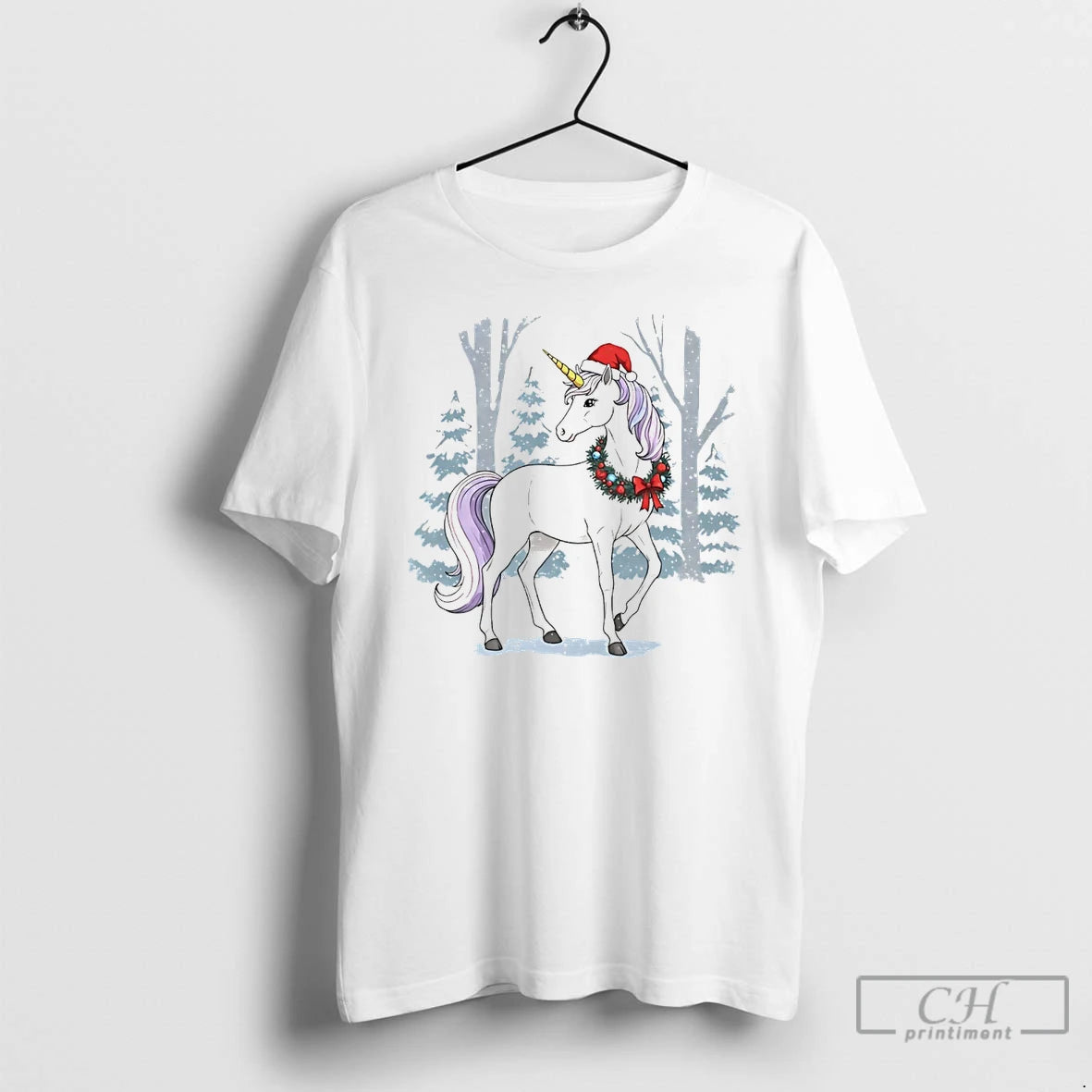 Classic Unicorn Wreath Winter Forest Christmas White T Shirts