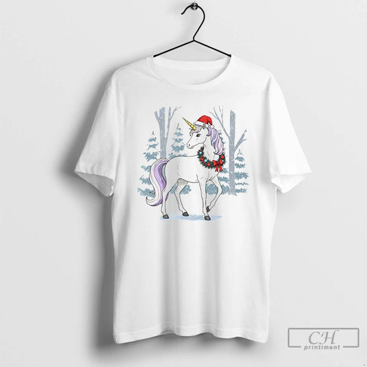 Classic Unicorn Wreath Winter Forest Christmas White T Shirts