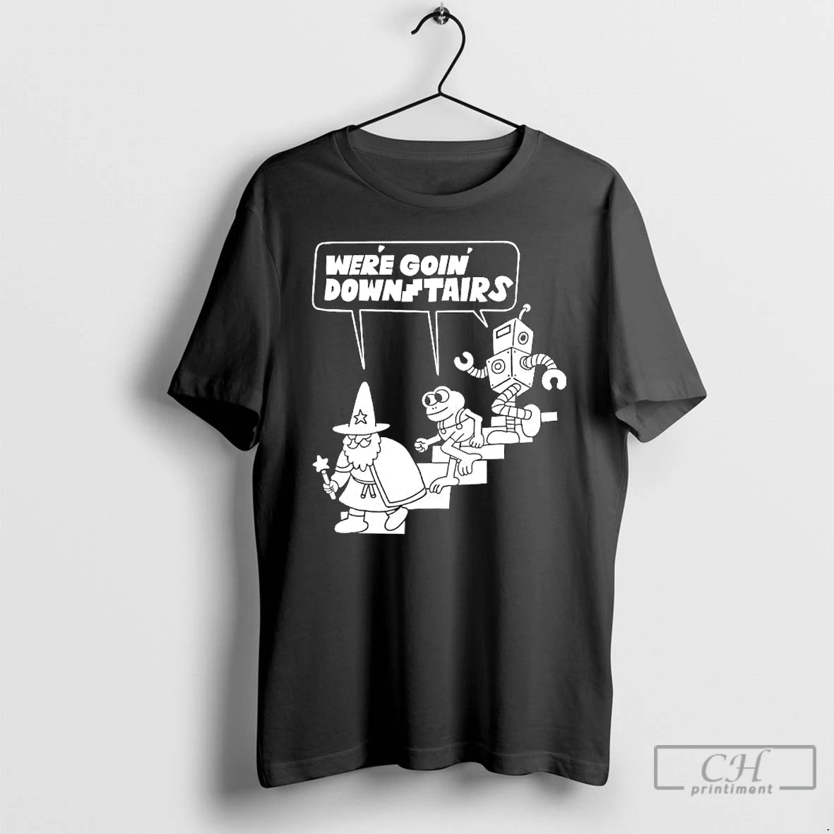 Classic Were Goin Downstairs Wizard Frog Robot Walking Down T-Shirts, Hoodie, Sweatshirt | AU18TeeNovaLab.com