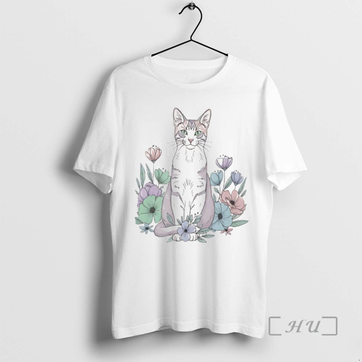 New Cute Sitting Cat In Floral Garden Watercolor
