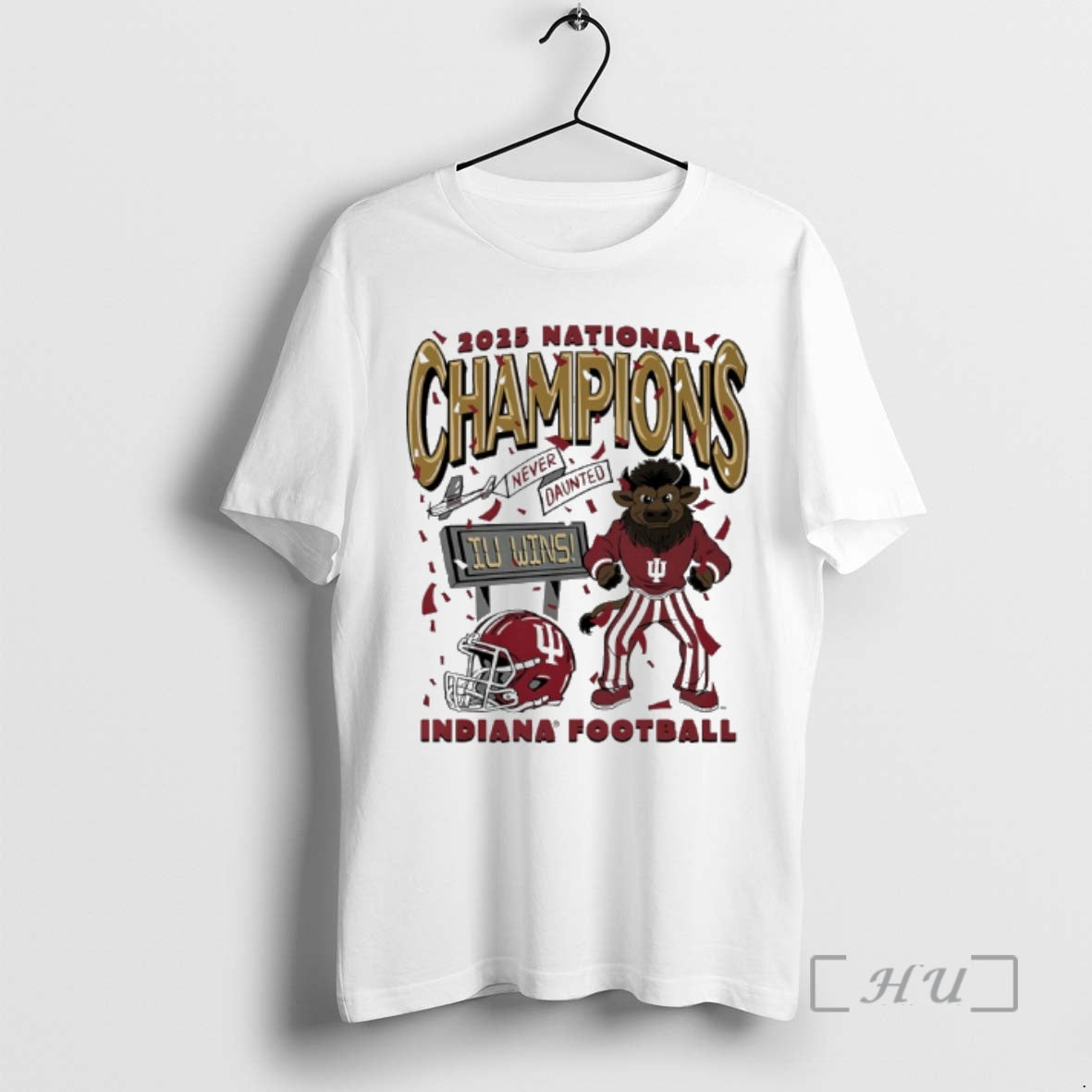 New Indiana Football Never Daunted Iu Win 2025 National Champions Confetti Mascot Premium T Shirts Hoodie, Sweatshirt