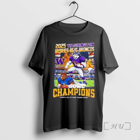 New Washington Huskies Beat Broncos 2025 La Bowl Champions Mascot Circle Black Premium T Shirts Hoodie, Sweatshirt