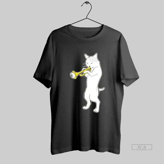 Official Cat Standing Playing A Golden Trumpet