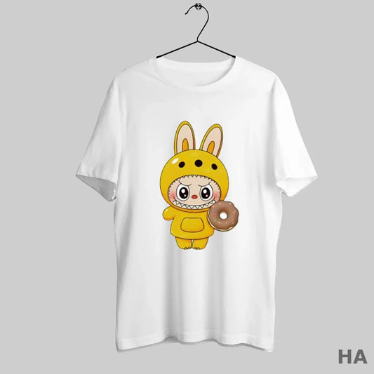 Official Labubu Wearing Yellow Bunny Rabbit Costume Holding Donut