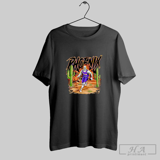 Official Phoenix Skeleton Dribbling Basketball In Desert With Cactus Posters Black