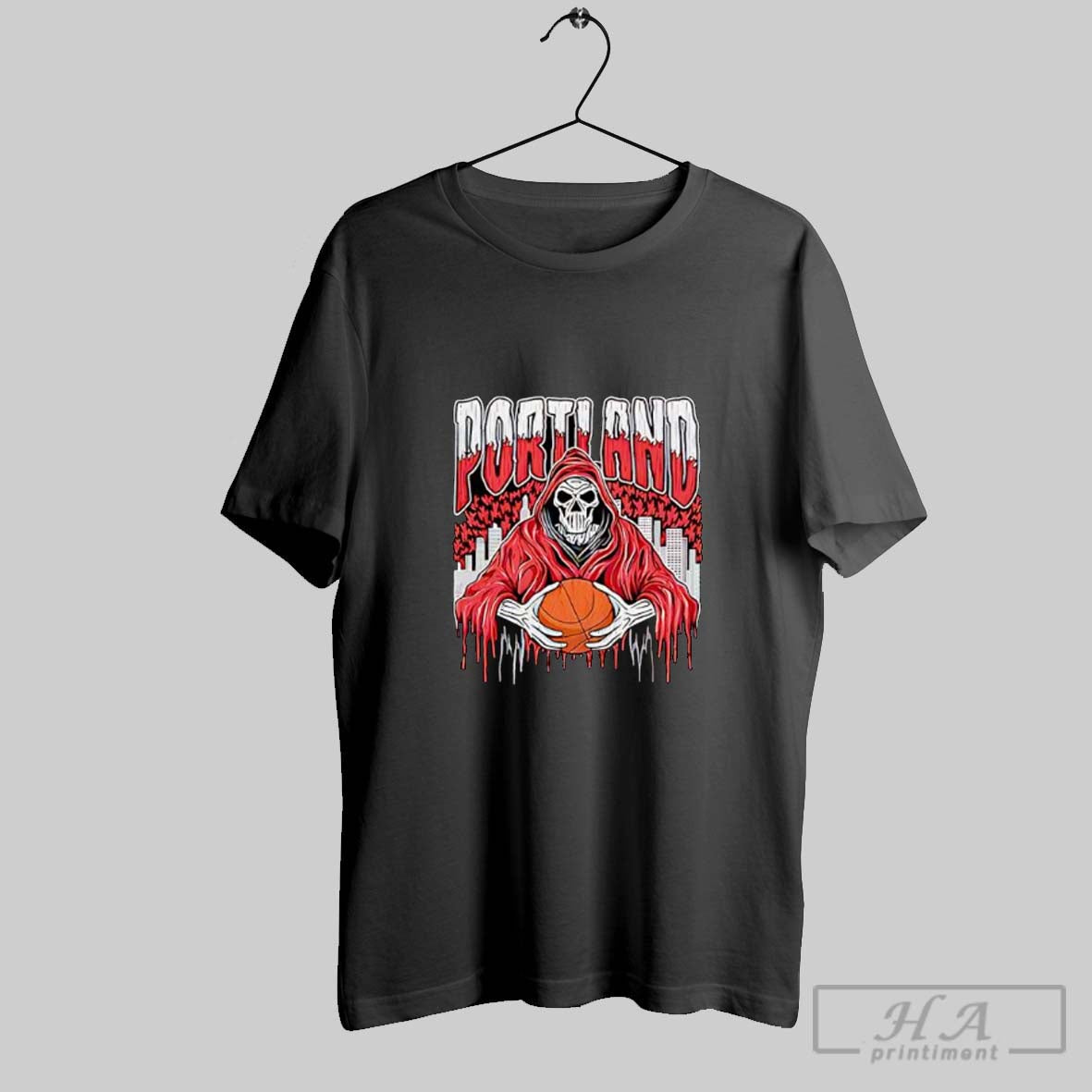 Official Portland Grim Reaper Skeleton Holding Basketball Cityscape Posters Black