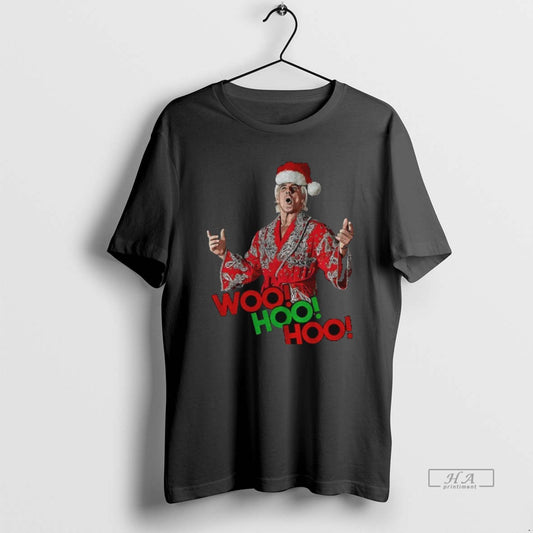 Official Woo Hoo Hoo Black Christmas Tee With Wrestling Legend Rick Flair In Santa Hat Hoodie, Sweatshirt
