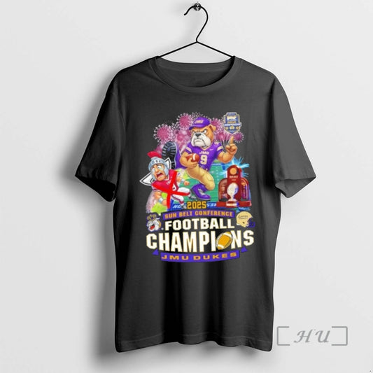 Officials 2025 Sun Belt Conference Football Champions Jmu Dukes Mascot Graphic Premium T Shirts Sweater Hoodie, Sweatshirt