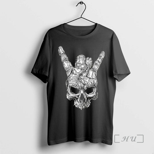 Officials Black And White Sketch Skull With Rock And Roll Horns Hand Gesture Premium T-Shirts, Hoodie, Sweatshirt