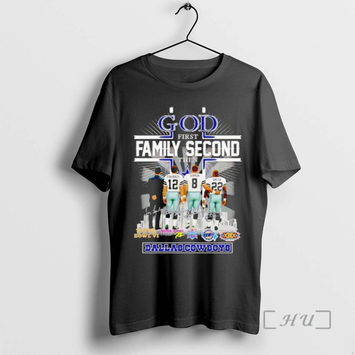 Officials God First Family Second Then Dallas Cowboys Super Bowls City Skyline Signatures Premium T-Shirts, Hoodie,...