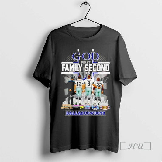 Officials God First Family Second Then Dallas Cowboys Super Bowls City Skyline Signatures Premium T-Shirts, Hoodie,...