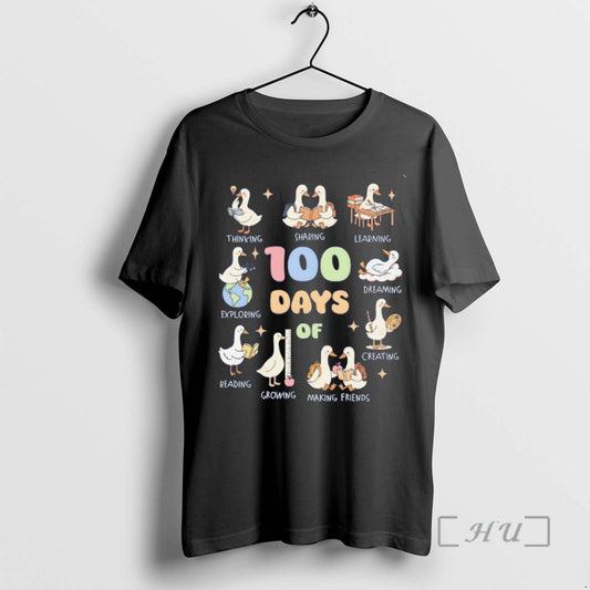 Officials Goose Teacher 100 Days Of School Thinking Sharing Learning Exploring Reading Graphic Premium T-Shirts, Hoodie,...