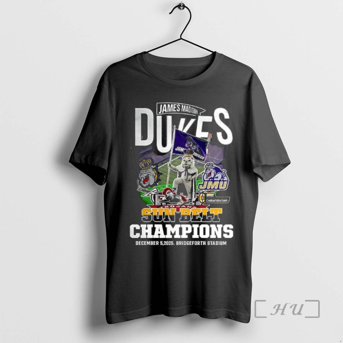 Officials James Madison Dukes Beat Troy Trojans Sun Belt Champions 2025 Mascot Premium T Shirts Hoodie, Sweatshirt