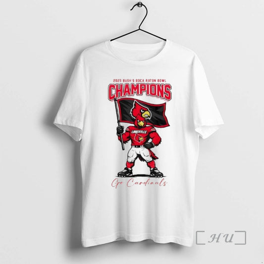 Officials Louisville Cardinals 2025 Bush Boca Raton Bowl Champions Mascot Flag Premium T Shirts Sweater Hoodie, Sweatshirt