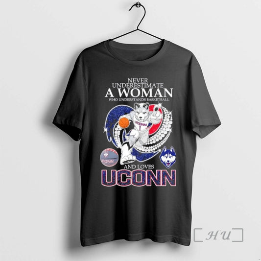 Officials Never Underestimate A Woman Who Understands Basketball And Loves Uconn Huskies Mascot Diamond Heart T-Shirts,...