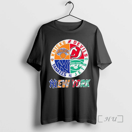 Officials New York City Sports Knicks Devils Jets Yankees Logos Combine Premium T Shirts Sweater Hoodie, Sweatshirt