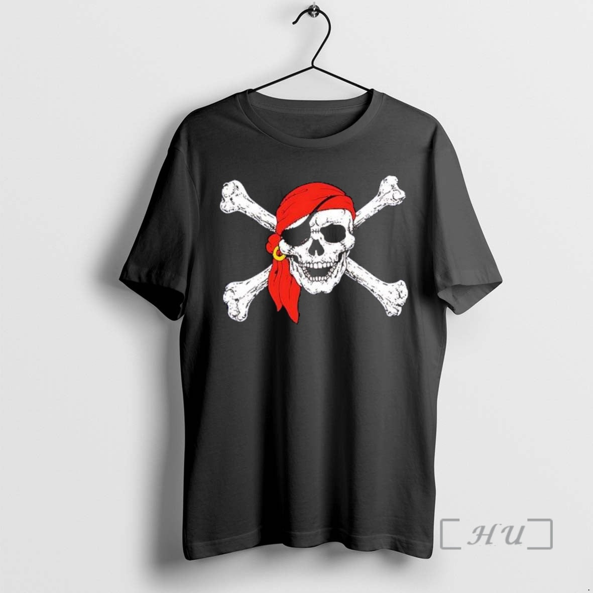 Officials Pirate Jolly Roger Skull Red Bandana Eye Patch Gold Earring Crossbones Graphic Nautical Premium T-Shirts,...